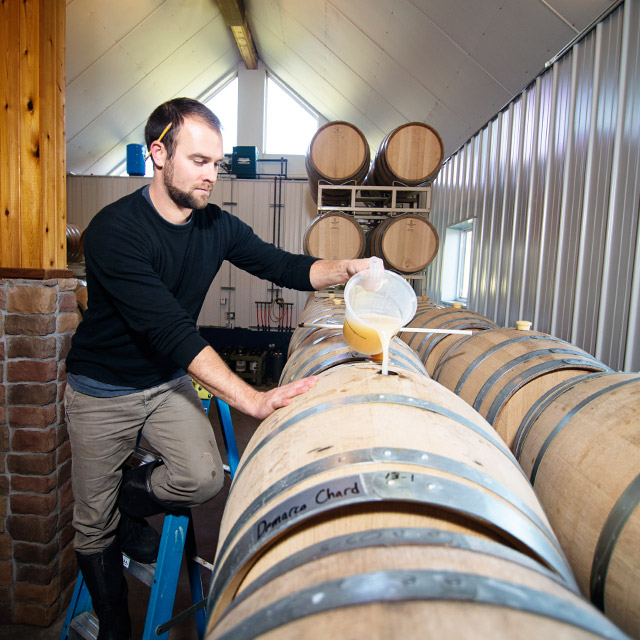 Benjamin Stamp working on barrel of Chardonnay